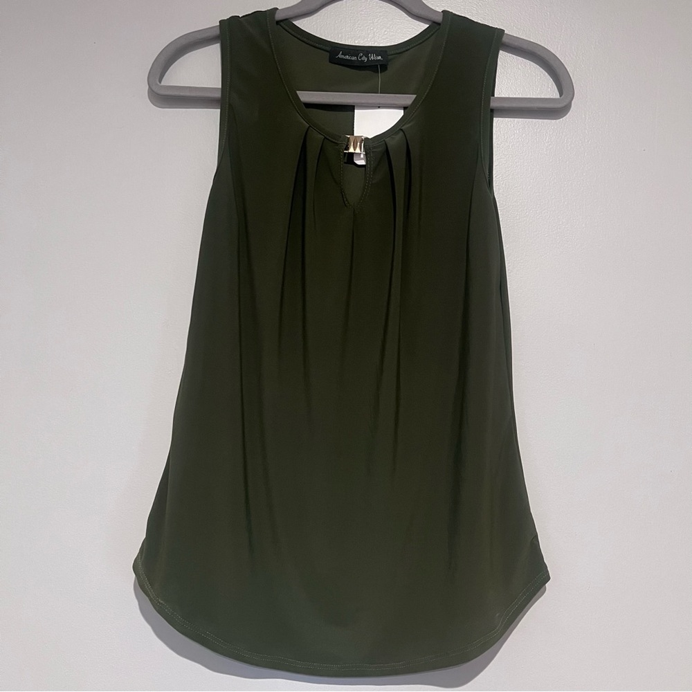 NWT American City Wear Tank Blouse Olive Army Green Gold Metal Accent Ruffles